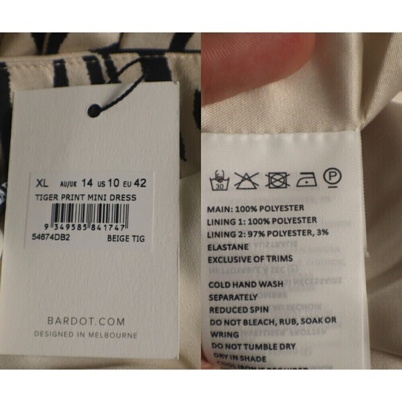 Bardot Women Size 10 Beige Animal Print Puff Sleeve Ruched Mini NEW Dress Party - Picture 14 of 16